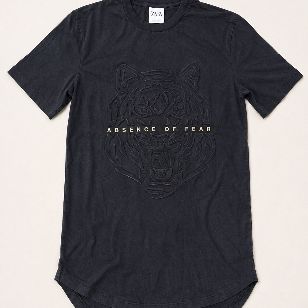 Zara Black Short-Sleeve Embossed Tiger Tee with Gold Text